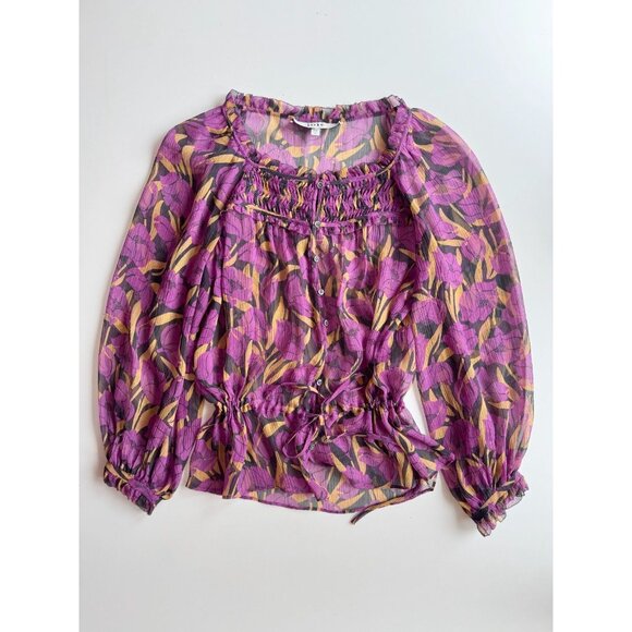 JOIE Asseline Purple Floral Print Crinkle Silk Peplum Tie Blouse Top, Size XS - Picture 2 of 9